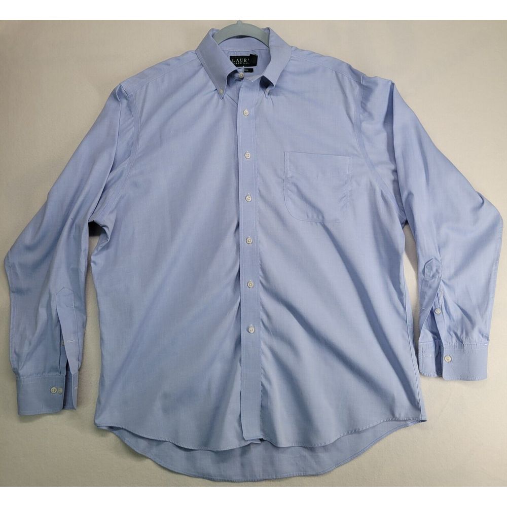 Ralph Lauren Mens 17 34/35 Button Up Long Sleeve Non Iron Solid Blue Dress Shirt